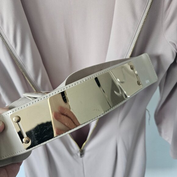 Timeless Quiet Lux Beige-Neutral Slim Dress w/Wide Mirror-Gold Belt - Picture 9 of 12